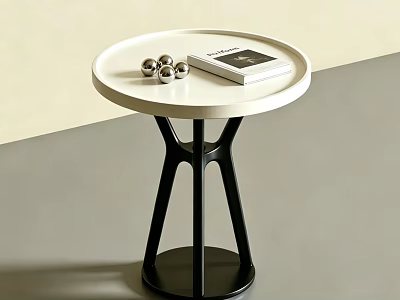 Modern Side Table With White Round Top Black Base Magazine And Metallic Balls 3d model