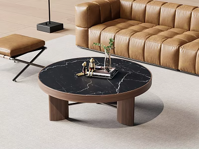 Modern Living Room Round Coffee Table With Black Marble Top And Wooden Legs 3d model