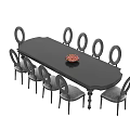 Black Oval Wooden Dining Table Set With Eight Chairs And Red Centerpiece