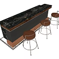 Modern Bar Counter With Black Marble Top Golden Veins And Brown Leather Stools