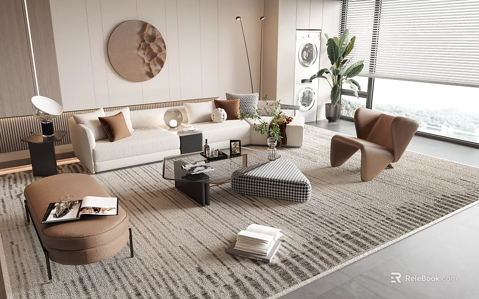 Modern Sofa And Coffee Table Set With Cushions Textured Rug Accent Chair And Decorative Art 3d model 