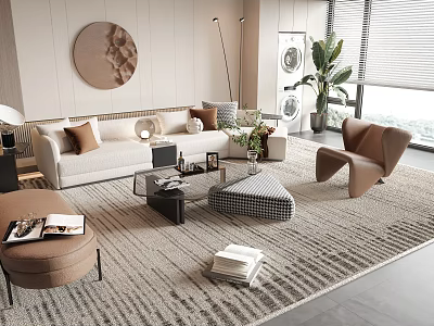 Modern Sofa And Coffee Table Set With Cushions Textured Rug Accent Chair And Decorative Art 3d model