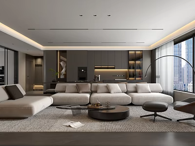 Modern Living Dining Room With Large Sofa Round Coffee Table Floor Lamp And Big Windows 3d model