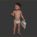 Cute Baby Standing Naked With Diaper Holding Cloth On Dark Background