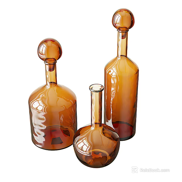 Decorative Amber Glass Wine Bottles In Three Unique Sizes And Designs 3d model 