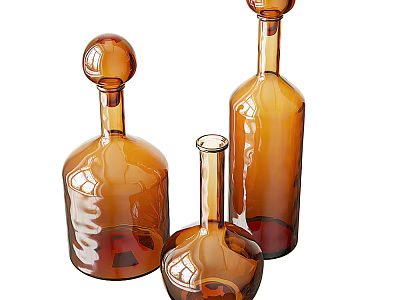 Decorative Amber Glass Wine Bottles In Three Unique Sizes And Designs 3d model