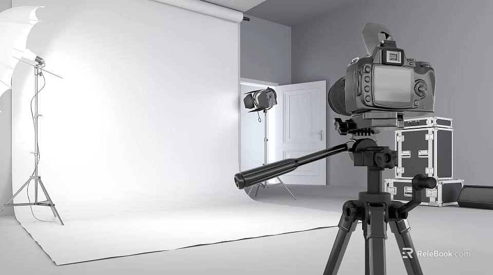 Professional Photography Studio Setup With Camera On Tripod And Lighting Equipment 3d model 