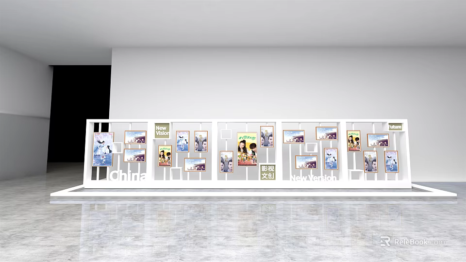 White Display Shelves Showcasing Various Photos In Modern Exhibition Space 3d model 