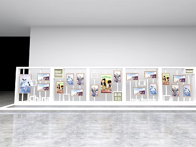 White Display Shelves Showcasing Various Photos In Modern Exhibition Space 3d model