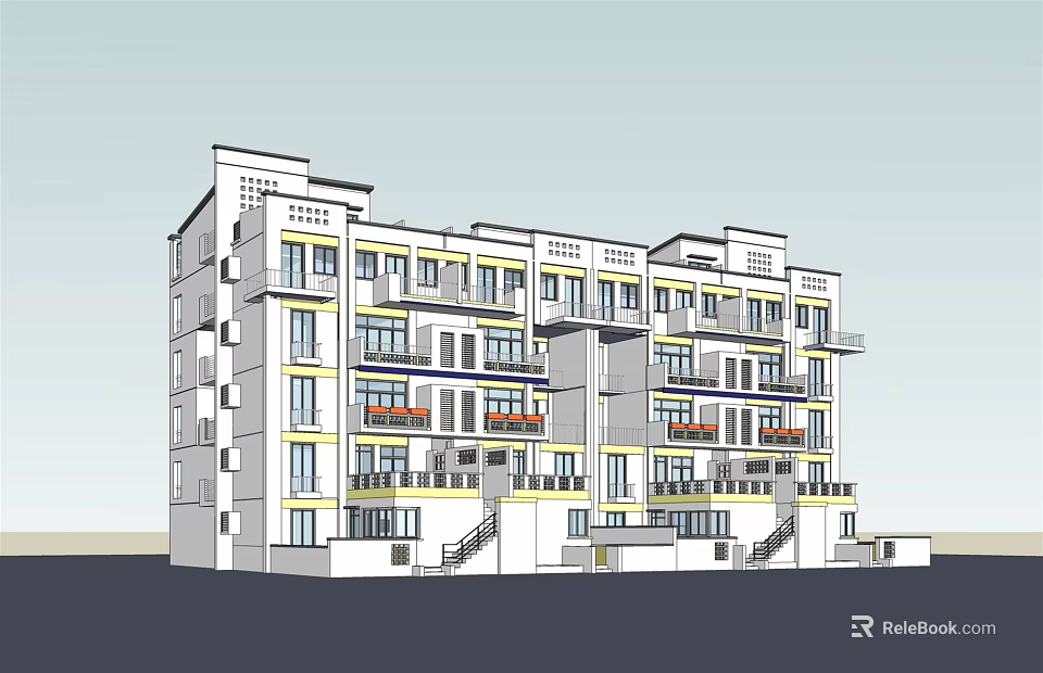 Multi Storey Apartment Building Exterior Design With Balconies Yellow White Facade And Stairs 3d model 