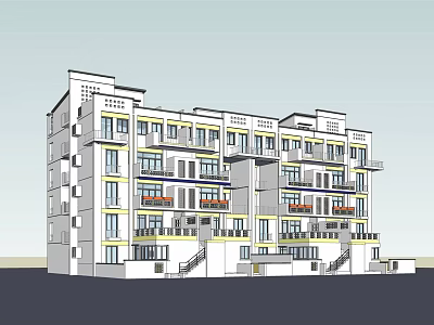 Multi Storey Apartment Building Exterior Design With Balconies Yellow White Facade And Stairs 3d model