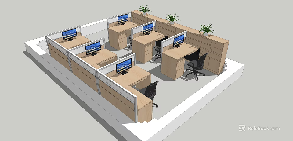 Modern Office Workspace Layout With Multiple Desks Computer Monitors Dividers Green Plants And Black Chairs 3d model 