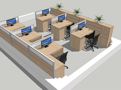 Modern Office Workspace Layout With Multiple Desks Computer Monitors Dividers Green Plants And Black Chairs 3d model