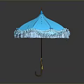 Scenic Outdoor Landscape With Blue Umbrella White Frilled Edge Brown Handle And Yellow Tassel