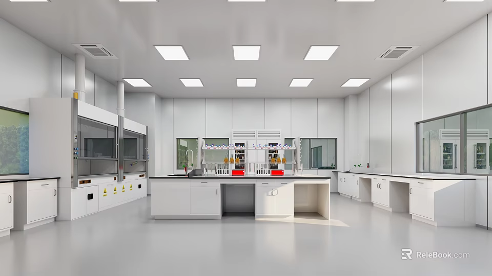 Modern Laboratory Interior Design With Workbenches Cabinets And Fume Hoods 3d model 