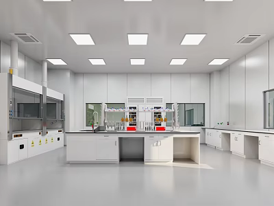 Modern Laboratory Interior Design With Workbenches Cabinets And Fume Hoods 3d model