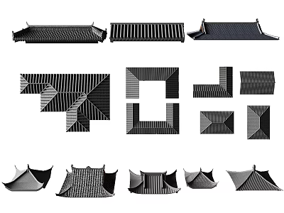 Various Building Components Including Roof Parts With Different Shapes And Geometric Striped Textures 3d model