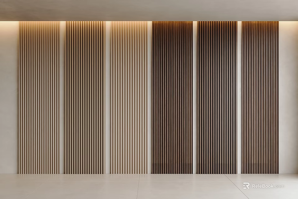 Modern Accent Wall Featuring Vertical Slats In Wooden And Neutral Tones For Contemporary Interior Spaces 3d model 