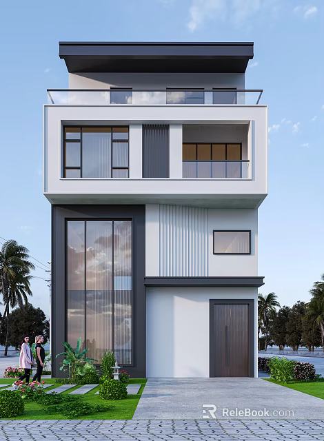 Modern Detached Villa Exterior With Two Story Structure Large Glass Windows And Balcony 3d model 