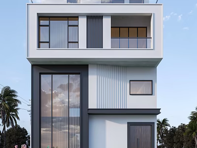 Modern Detached Villa Exterior With Two Story Structure Large Glass Windows And Balcony 3d model