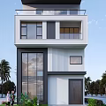Modern Detached Villa Exterior With Two Story Structure Large Glass Windows And Balcony
