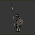 Traditional Attire Character Wearing Headscarf Standing With Spear And Shield On Grey Background
