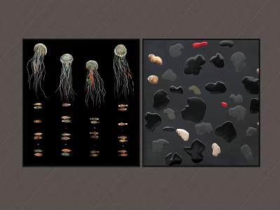 Colorful Jellyfish Fish And Various Shaped Stones With Red Accent Artwork 3d model