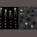 Colorful Jellyfish Fish And Various Shaped Stones With Red Accent Artwork