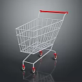 White Shopping Cart With Red Handle And Red Wheels On Reflective Dark Surface