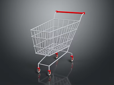 White Shopping Cart With Red Handle And Red Wheels On Reflective Dark Surface 3d model