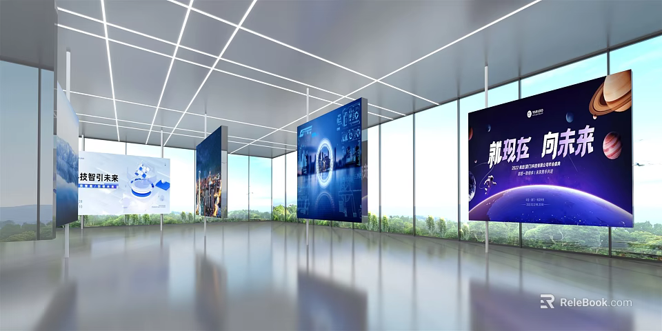 Modern Exhibition Hall Interior With Large Digital Screens Data Elements Sleek Floor And Grid Ceiling 3d model 