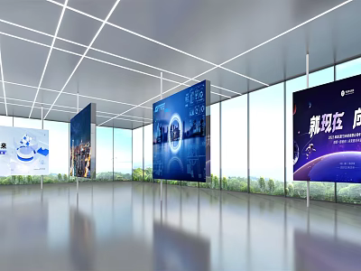Modern Exhibition Hall Interior With Large Digital Screens Data Elements Sleek Floor And Grid Ceiling 3d model