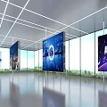 Modern Exhibition Hall Interior With Large Digital Screens Data Elements Sleek Floor And Grid Ceiling 3d model