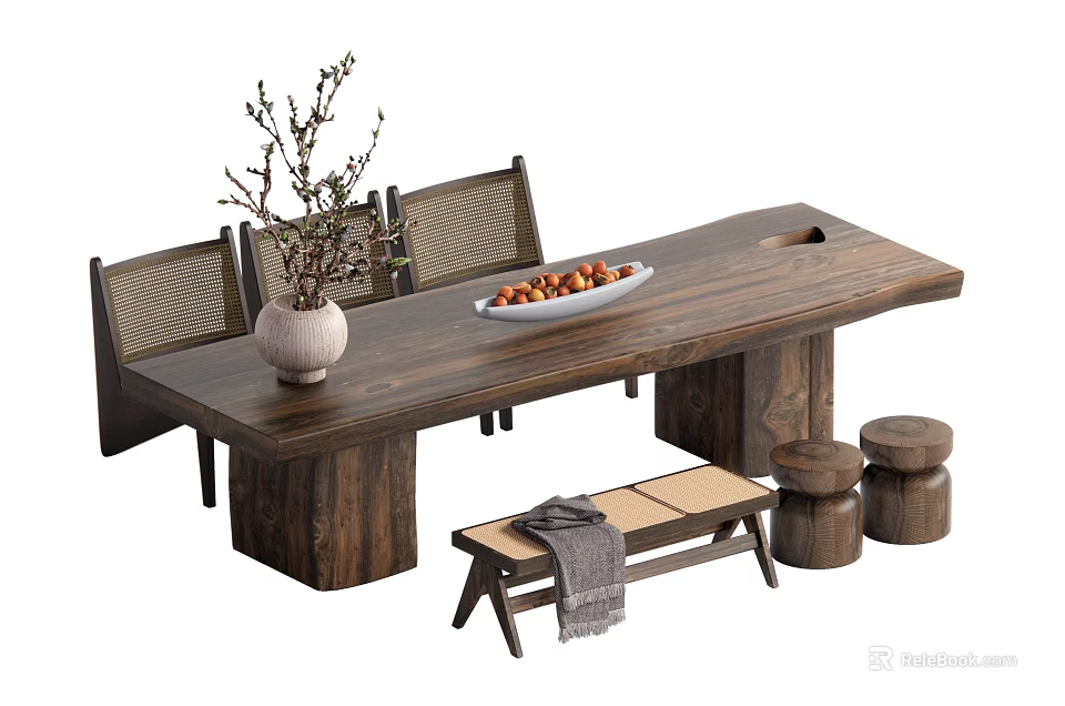Natural Wood Tea Table and Chairs with Woven Backrest Vase Branches Fruit Bowl Small Bench 3d model 