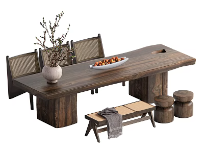 Natural Wood Tea Table and Chairs with Woven Backrest Vase Branches Fruit Bowl Small Bench 3d model