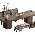 Natural Wood Tea Table and Chairs with Woven Backrest Vase Branches Fruit Bowl Small Bench
