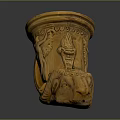 Carved Ceramic Cup With Ram Head Design And Intricate Decorative Motifs