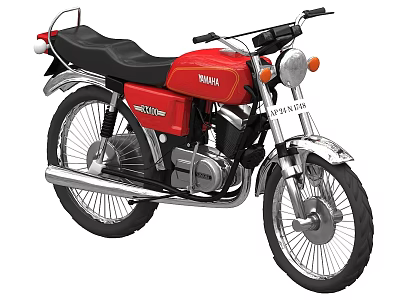 Red Yamaha Classic Motorcycle with Black Seat and Silver Exhaust Components 3d model