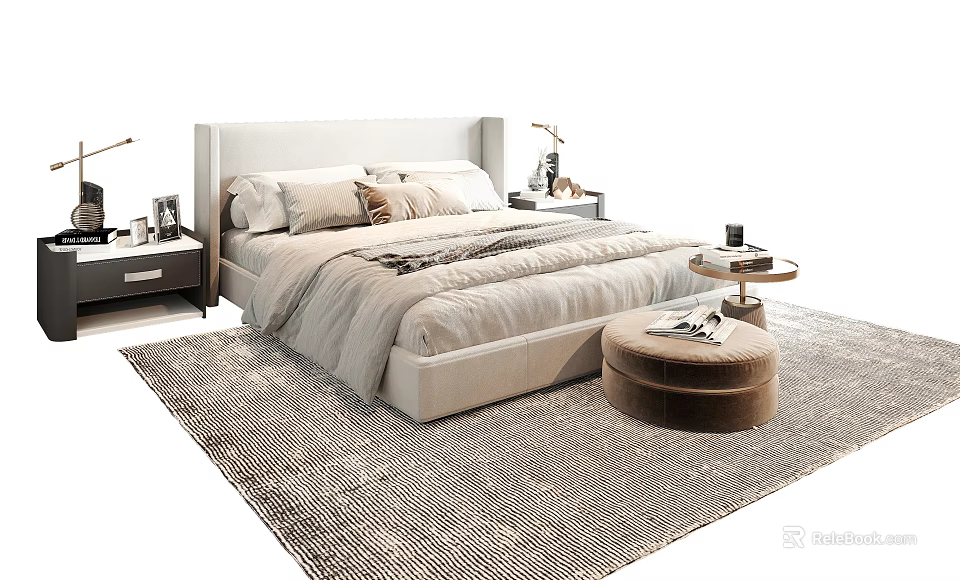 Upholstered Double Bed With Neutral Bedding Nightstands Table Lamps Area Rug And Footstool 3d model 