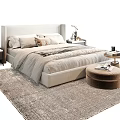 Upholstered Double Bed With Neutral Bedding Nightstands Table Lamps Area Rug And Footstool