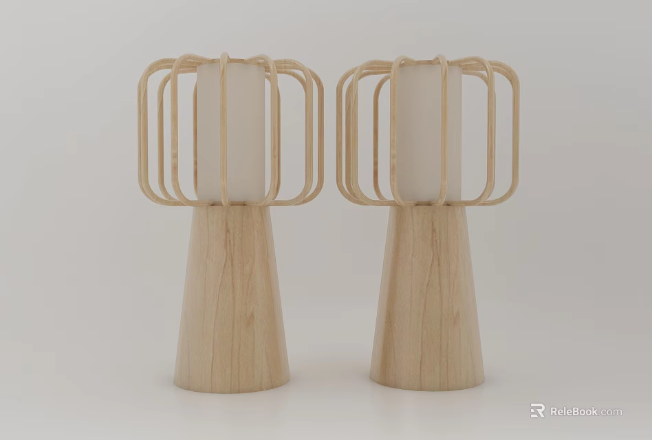 Two Modern Wooden Table Lamps With Open Frame Design And Pedestal Base 3d model 