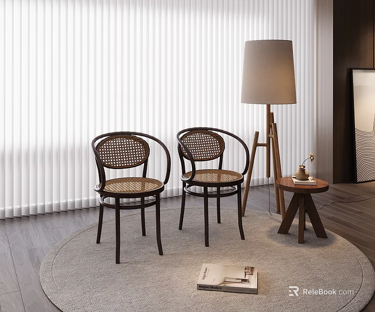 Single Rattan Chair In Modern Cozy Space With Floor Lamp And Small Round Table 3d model 