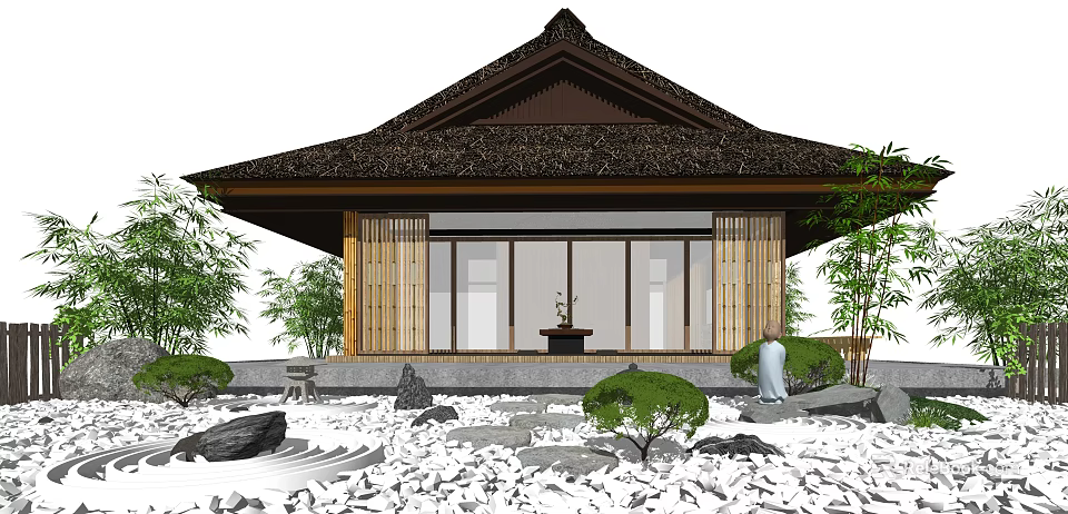Traditional Japanese Garden Courtyard With Thatched Roof Wooden Frames Bamboo Plants and Stone Decorations 3d model 