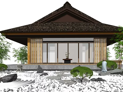 Traditional Japanese Garden Courtyard With Thatched Roof Wooden Frames Bamboo Plants and Stone Decorations 3d model