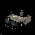 Modern Office Desk With Wooden Top Metal Legs Laptop Lamp Printer And Black Mesh Chairs