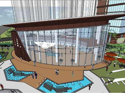 Modern Residential Building With Glass Facade Lobby Entrance And Outdoor Leisure Area 3d model