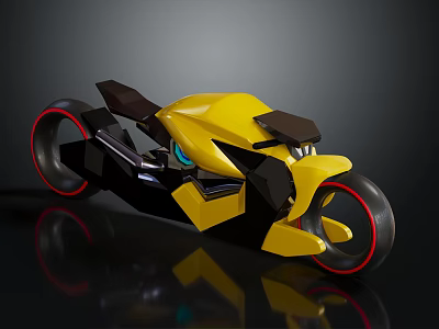 Yellow Modern Sleek Motorcycle With Black Accents And Red Rimmed Wheels 3d model