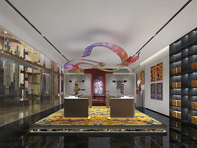 Vibrant Exhibition Hall Interior With Colorful Curved Decor Glass Display Cases And Patterned Carpet 3d model