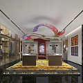 Vibrant Exhibition Hall Interior With Colorful Curved Decor Glass Display Cases And Patterned Carpet