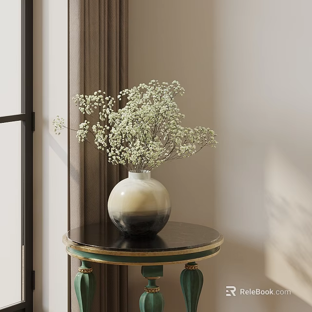 Modern Bonsai Plant in Gradient Color Pot on Round Black Table by Window With Curtain 3d model 